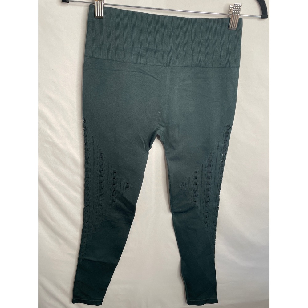 Savvi Women Green Seamless High Waisted Laser Cut Pointelle Leggings M/L